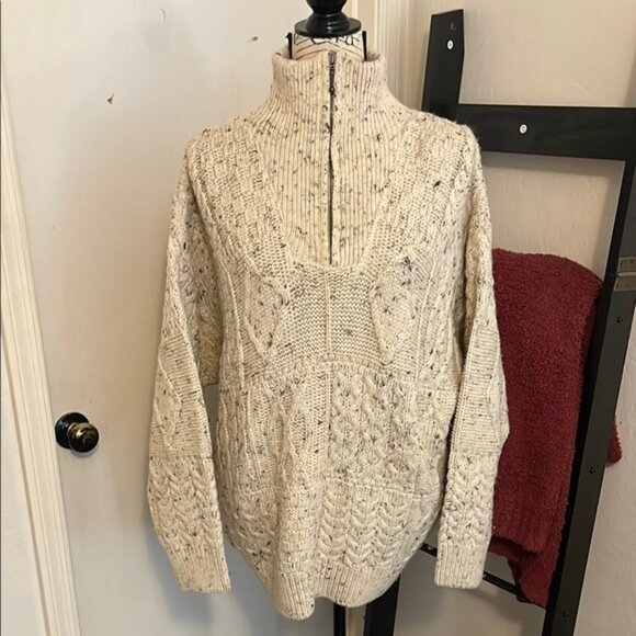 Aran Crafts Cozy Cream Cable Knit Wool Quarter Zip Sweater - Picture 1 of 11
